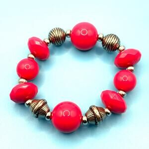 Elegant Deep Pink and Silver Tone Beaded Bracelet